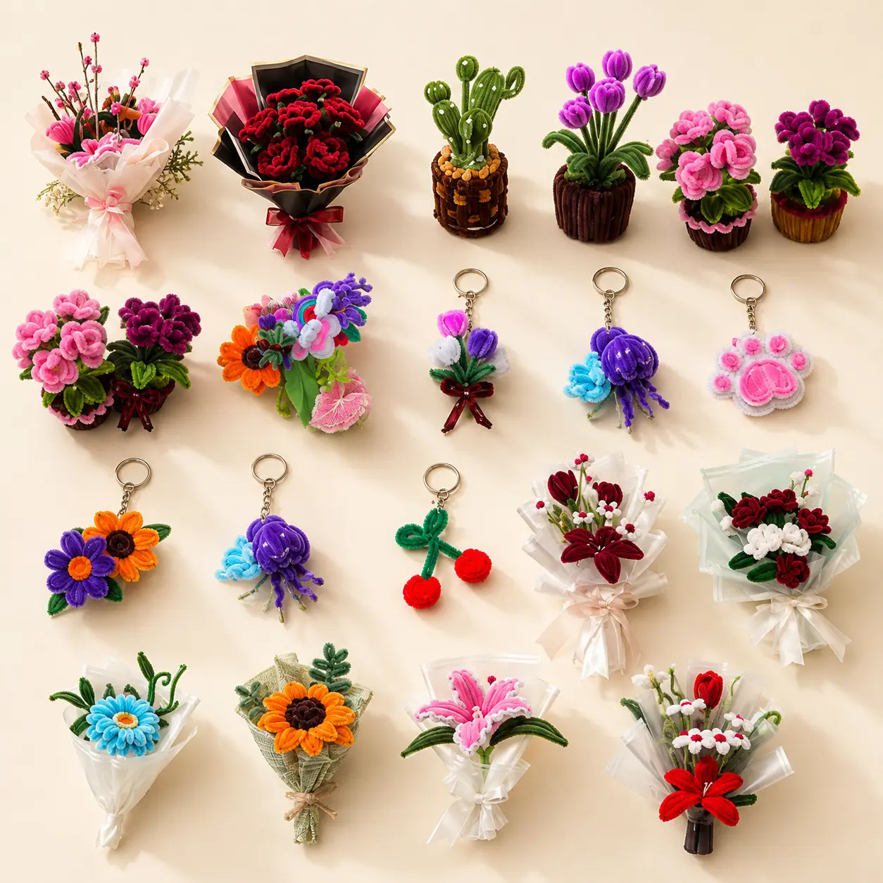 A collection of handmade bouquets, pots and keychains
