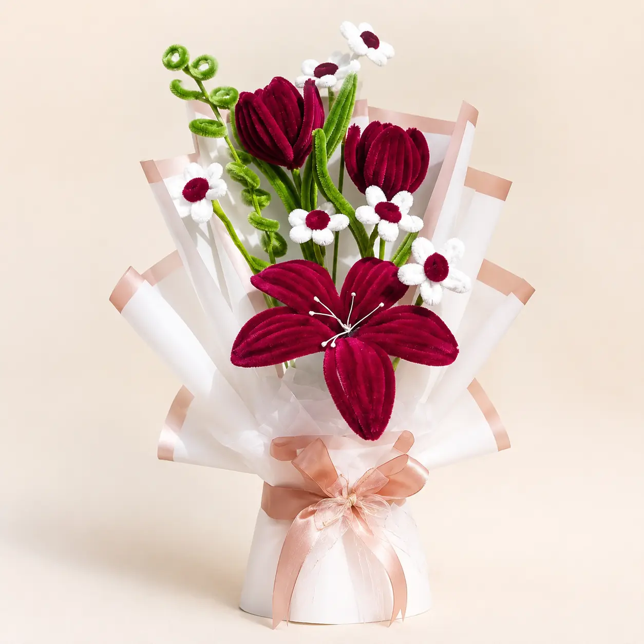 Velvety burgundy flowers with airy white details.
