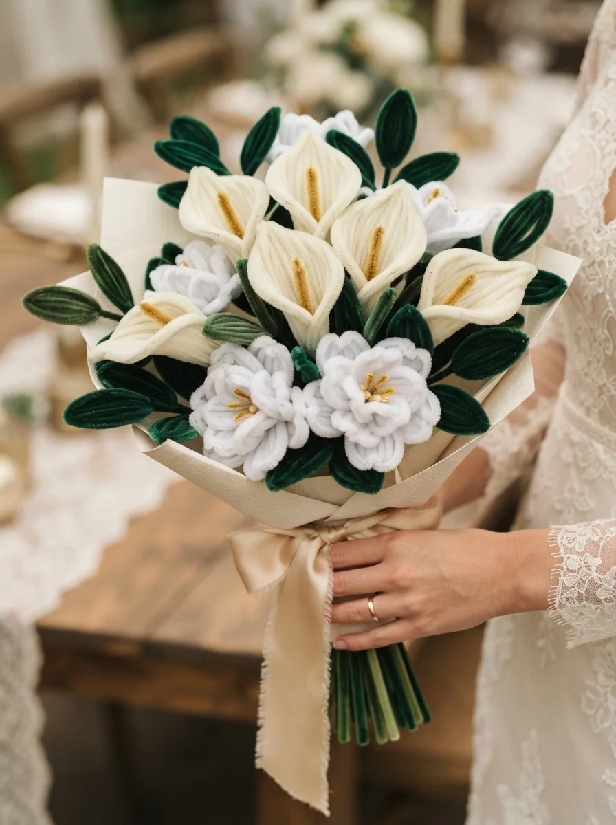Elegant ivory calla lilies framed by deep green leaves.