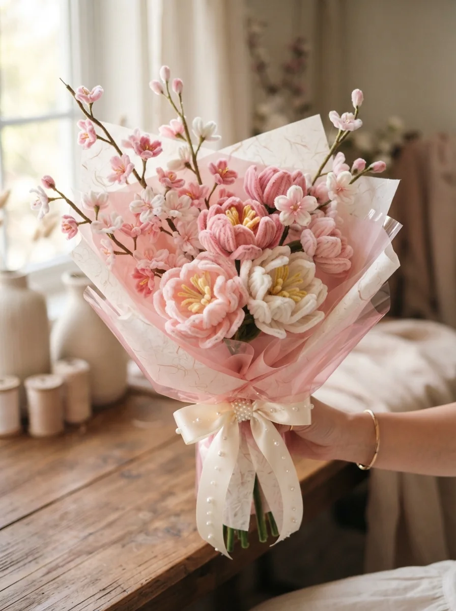 Delicate cherry-blossom tones gathered in a romantic bouquet.