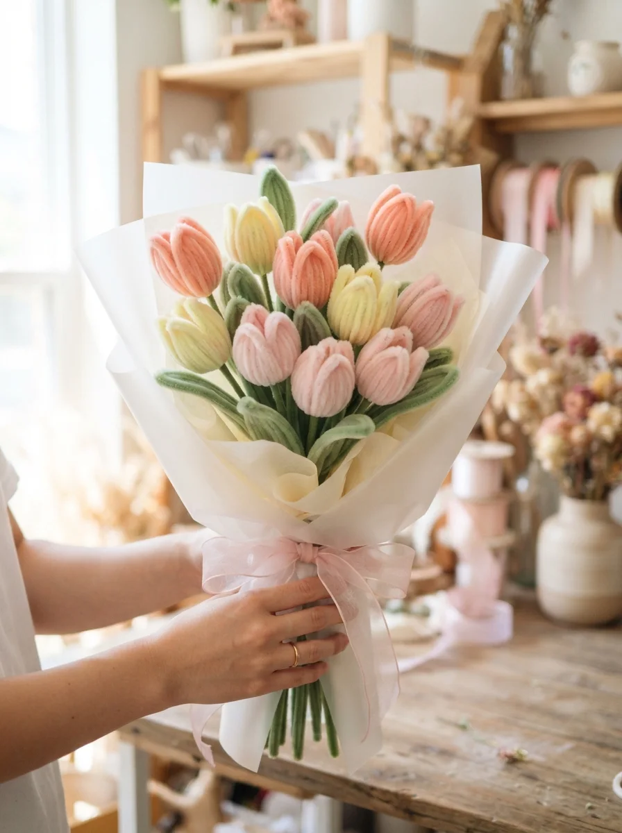A neat gathering of pastel tulips in gentle spring colours.