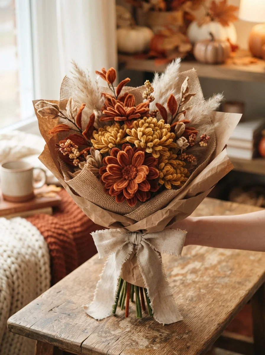 Warm rust, cream and earthy blooms in a relaxed bohemian style.