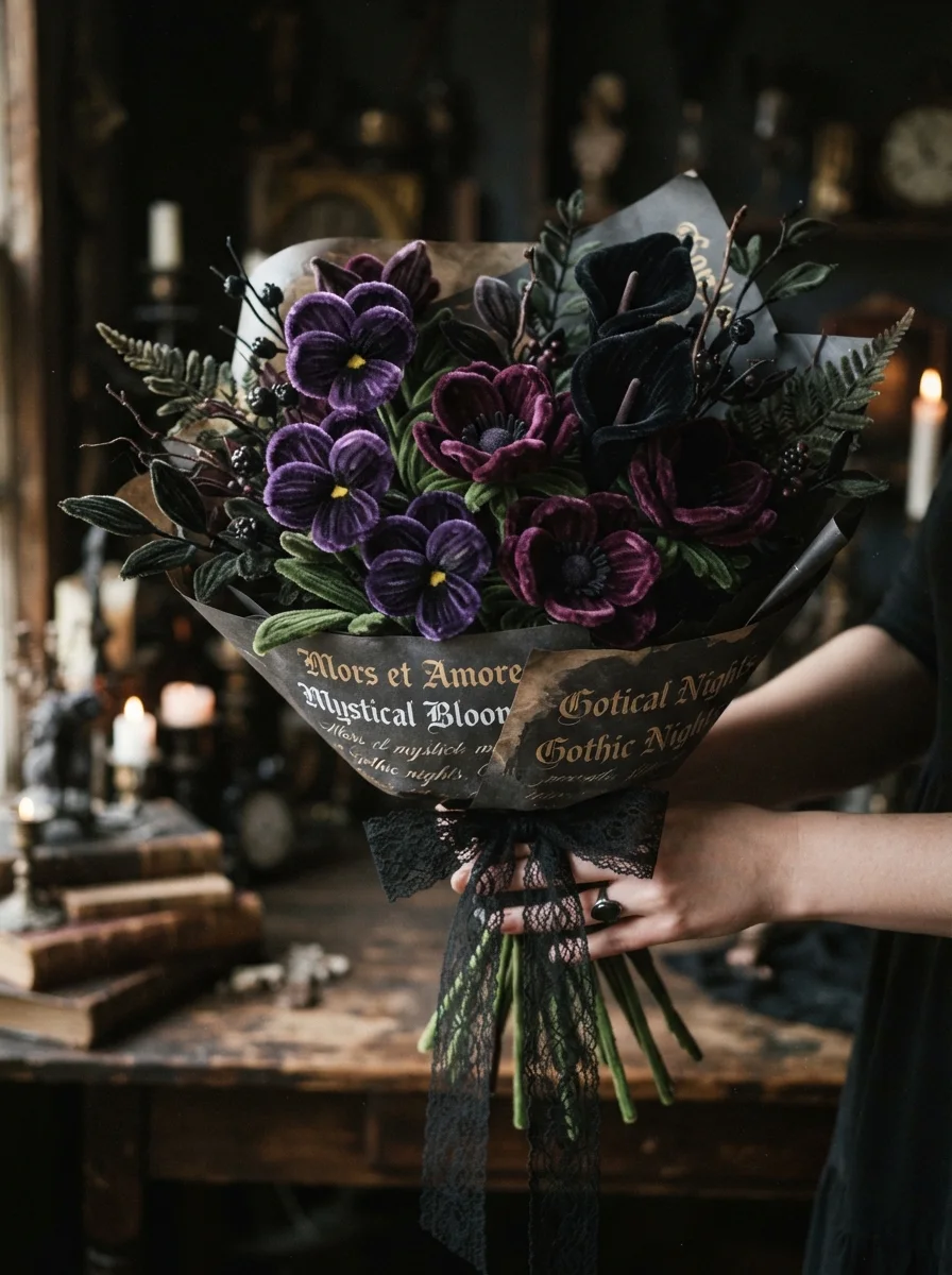 Mystical dark blooms composed in a deep gothic palette.