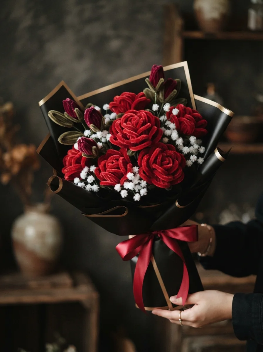 Velvety handmade roses arranged with timeless elegance.