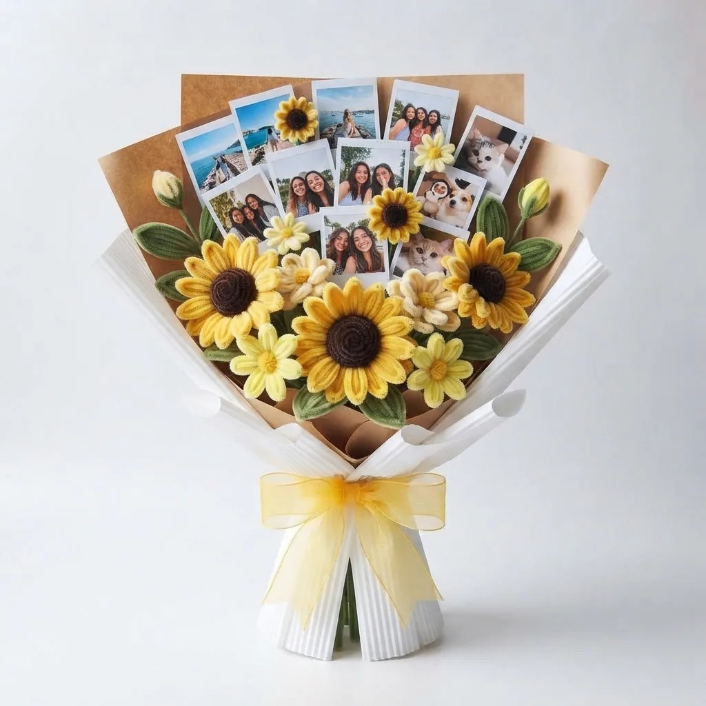 Golden sunflowers and favourite photographs gathered into one joyful keepsake.