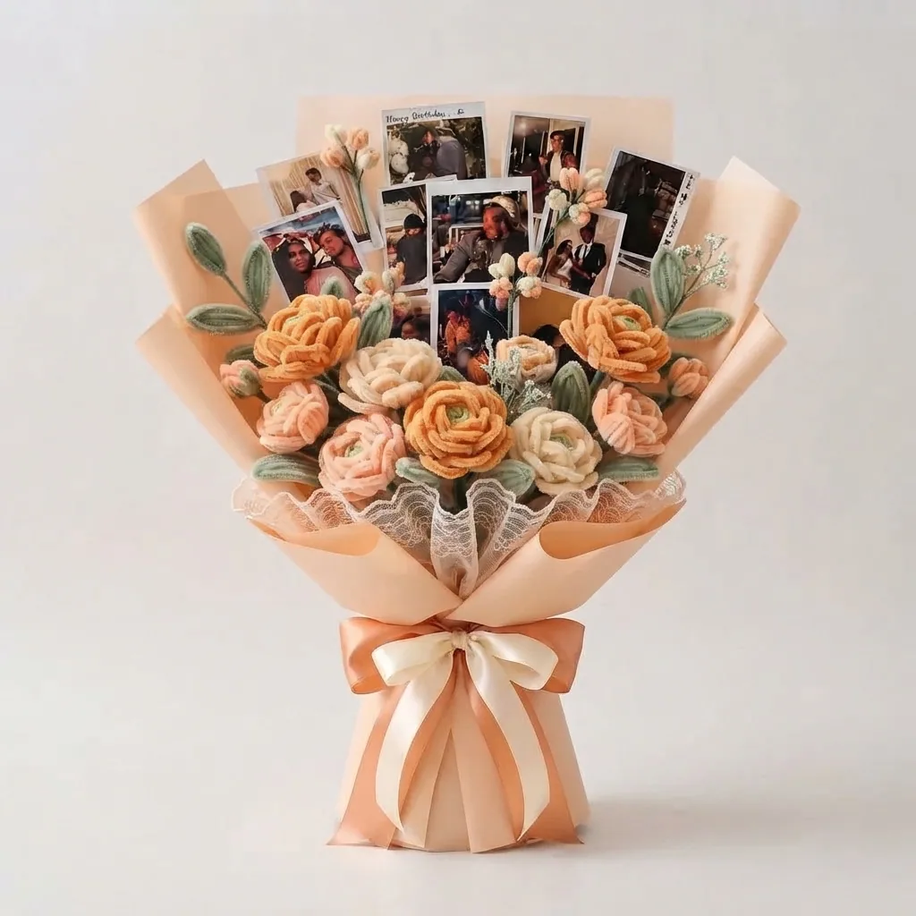 Peach and ivory roses arranged around a collection of meaningful photographs.