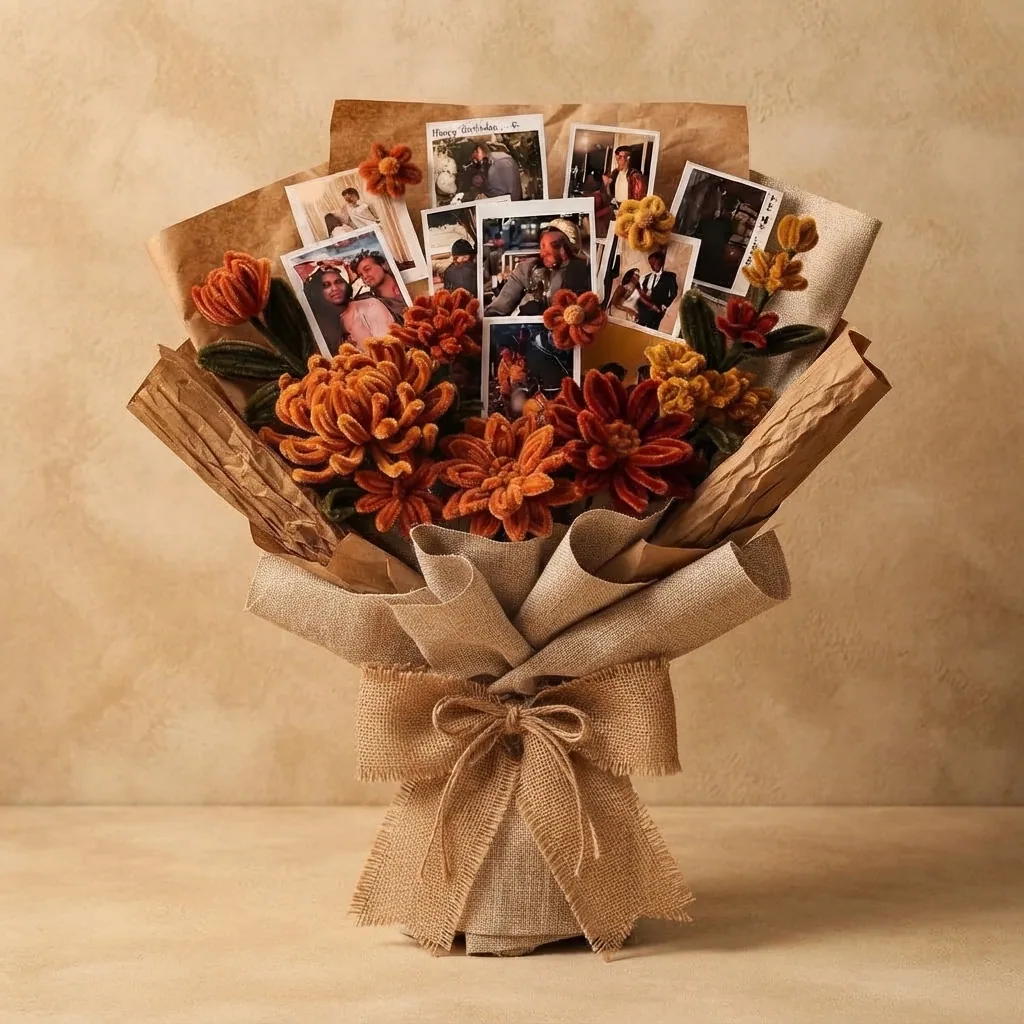 Rust and amber blooms wrapped in natural textures with treasured photographs.