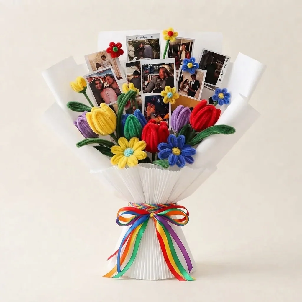 Colourful tulips and daisies celebrating a lively collection of memories.