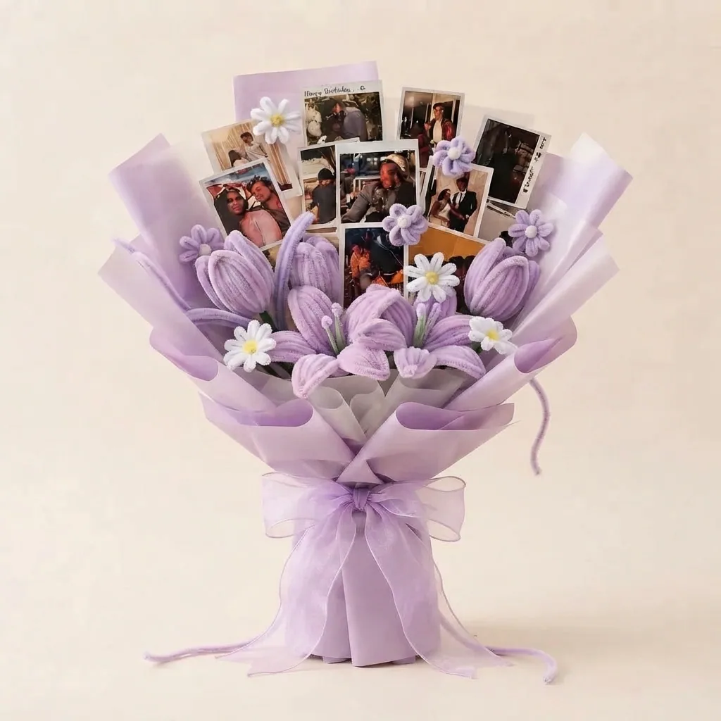 Soft lilac lilies and tiny daisies framing photographs worth keeping close.