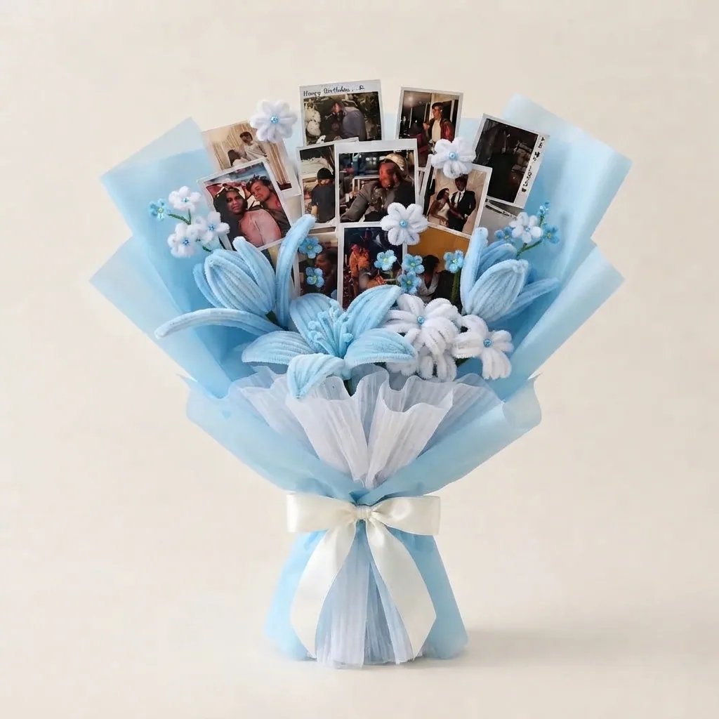 Powder-blue lilies and white blooms arranged beneath a personal photo story.