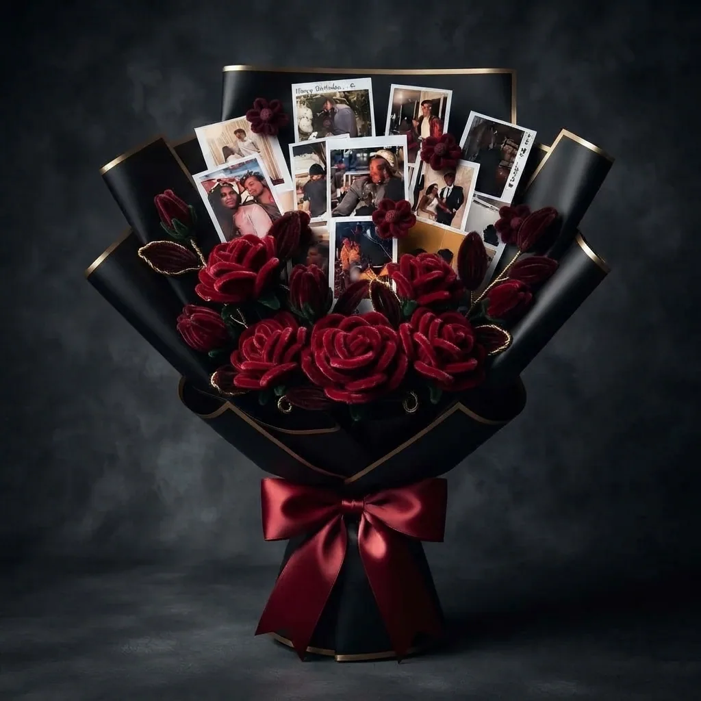 Velvet crimson roses and photographs presented in dramatic black wrapping.