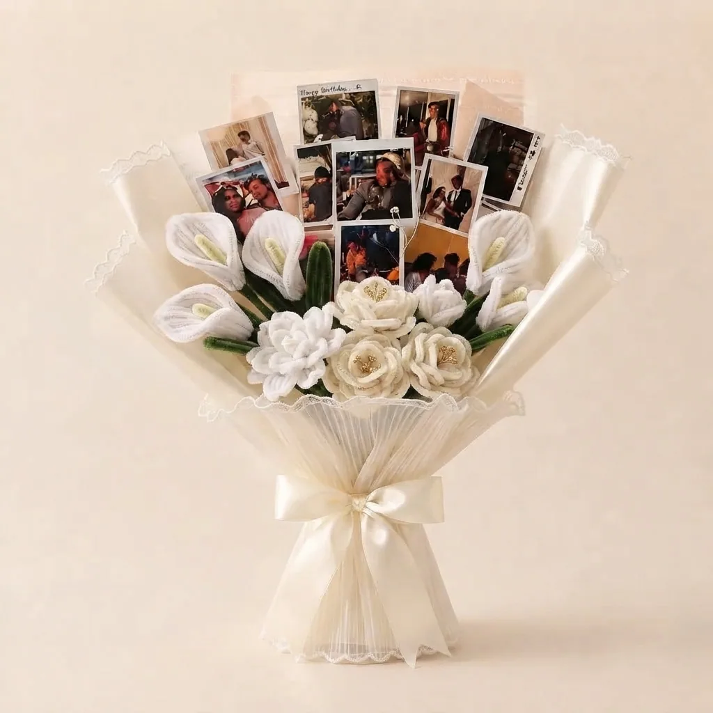 Ivory calla lilies and roses arranged with photographs in a graceful keepsake bouquet.