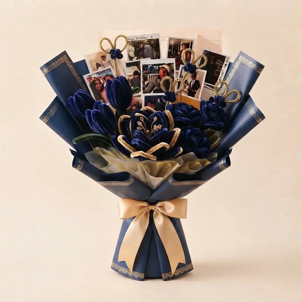 Royal navy blooms with gold accents and a personalized photograph display.